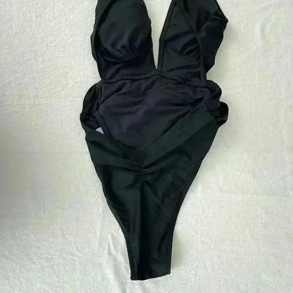 NEW One Piece Swimsuit Size S Black Deep Plunge Cheeky Cutouts High Waist Beach - Picture 5 of 6
